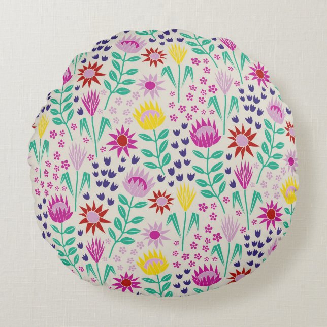 Protea Floral Block Print Millefleur lights Round Cushion (Front)