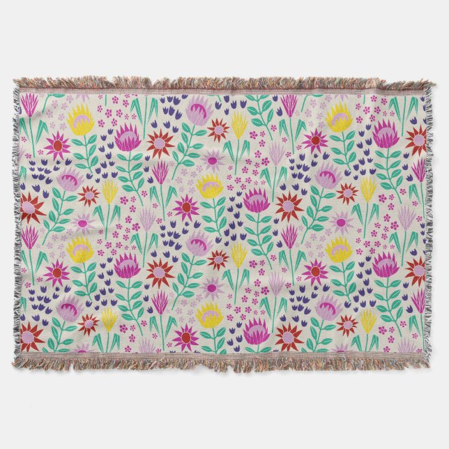 Protea Floral Block Print Millefleur lights Throw Blanket (Front)