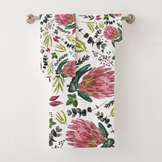 Protea Floral Watercolor Botanical Bath Towel Set (Insitu)