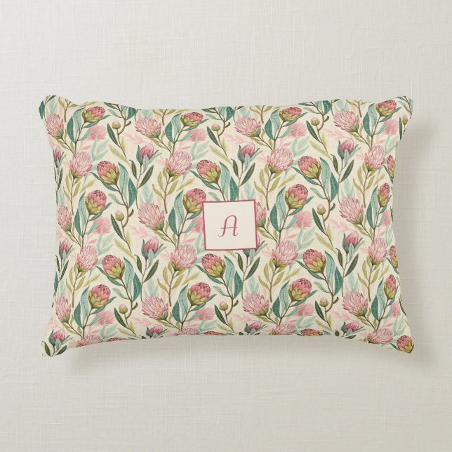 Protea Flower  Floral pink green Pattern monogram Decorative Cushion (Front)