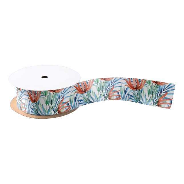 Protea flowers and palm leaves tropical pattern satin ribbon (Spool)