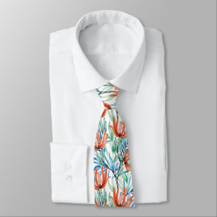 Protea flowers and palm leaves tropical pattern tie