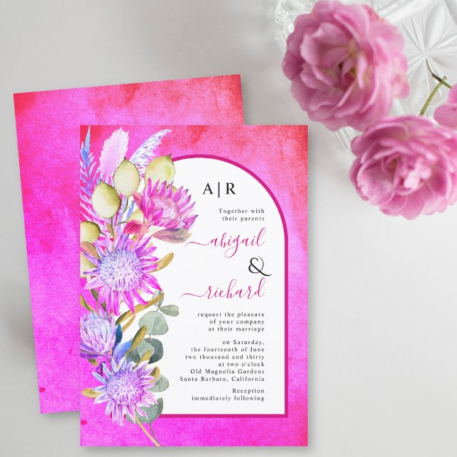 Protea flowers and pampas grass magenta wedding invitation (Creator Uploaded)