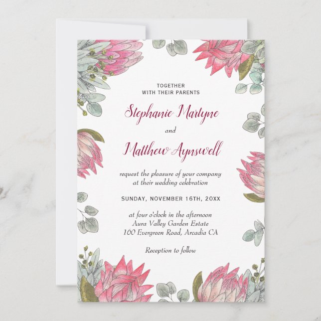 Protea Flowers Eucalyptus Foliage Floral Wedding Invitation (Front)