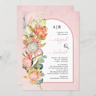 Protea flowers pampas grass and eucalyprus wedding invitation