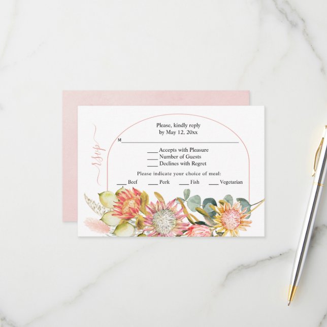 Protea flowers pampas grass and eucalyprus wedding RSVP card (Front/Back In Situ)