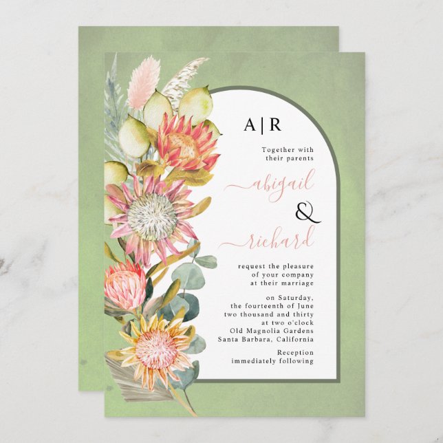 Protea flowers pampas grass sage green wedding invitation (Front/Back)
