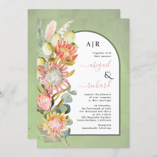 Protea flowers pampas grass sage green wedding invitation