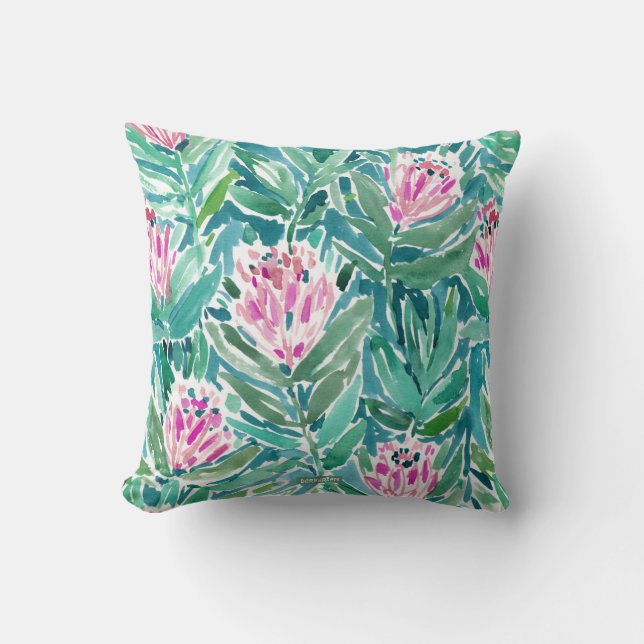 PROTEA PARADISE Tropical Floral Watercolor Cushion (Front)