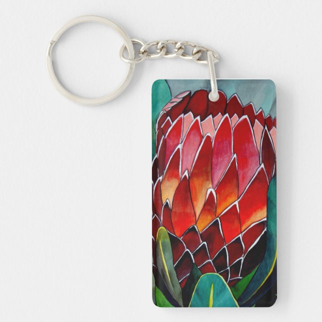 Protea red watercolour flower original art key ring (Front)