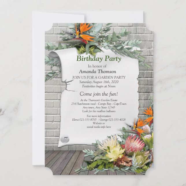Protea -  Strelitzia Flower Birthday Party Invitation (Front)