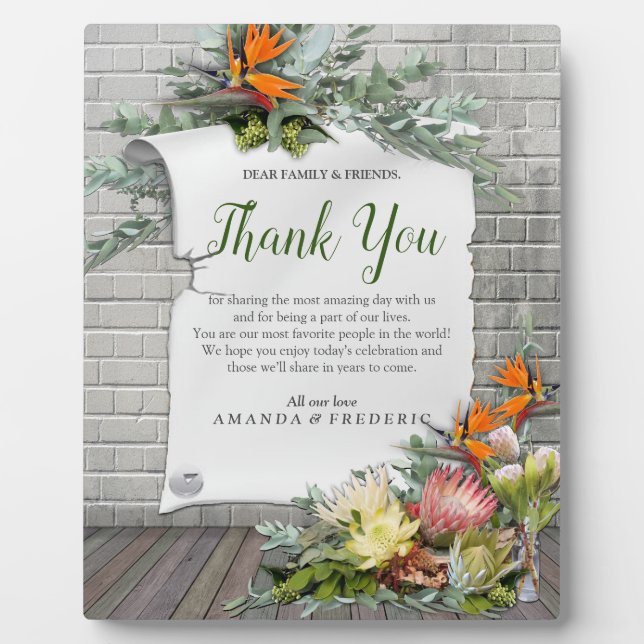 Protea -  Strelitzia Flower Thank You Plaque (Front)