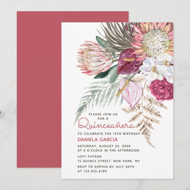 Protea Watercolor Floral Bouquet Quinceañera Invitation (Front/Back)