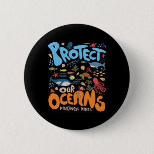 Protect Our Ocean Be Kind Shark Turtle Retro Earth 6 Cm Round Badge