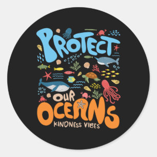 Protect Our Ocean Be Kind Shark Turtle Retro Earth Classic Round Sticker