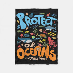 Protect Our Ocean Be Kind Shark Turtle Retro Earth Fleece Blanket