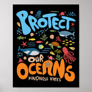 Protect Our Ocean Be Kind Shark Turtle Retro Earth Poster