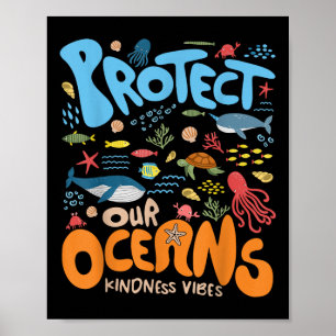 Protect Our Ocean Be Kind Shark Turtle Retro Earth Poster