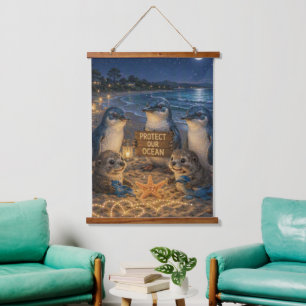 Protect Our Ocean Cute Penguins & Otters Hanging Tapestry