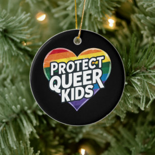 Protect Queer Kids Rainbow Heart LGBT Pride Ceramic Ornament