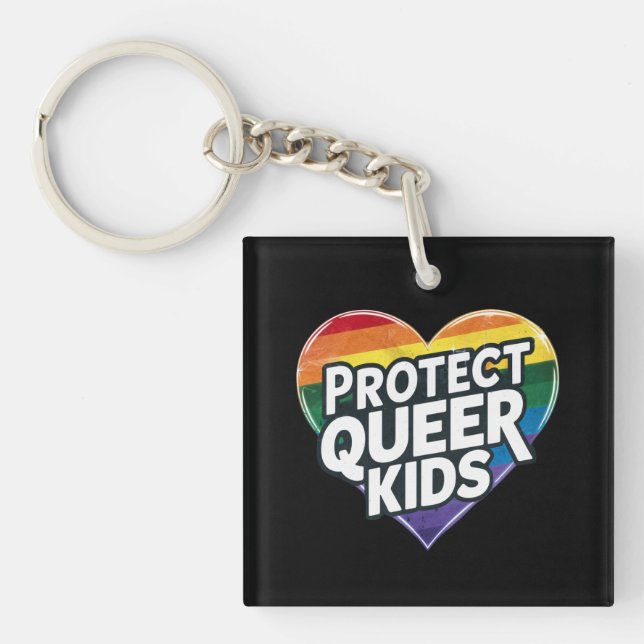  Protect Queer Kids  Rainbow Heart  LGBT Pride  Key Ring (Front)