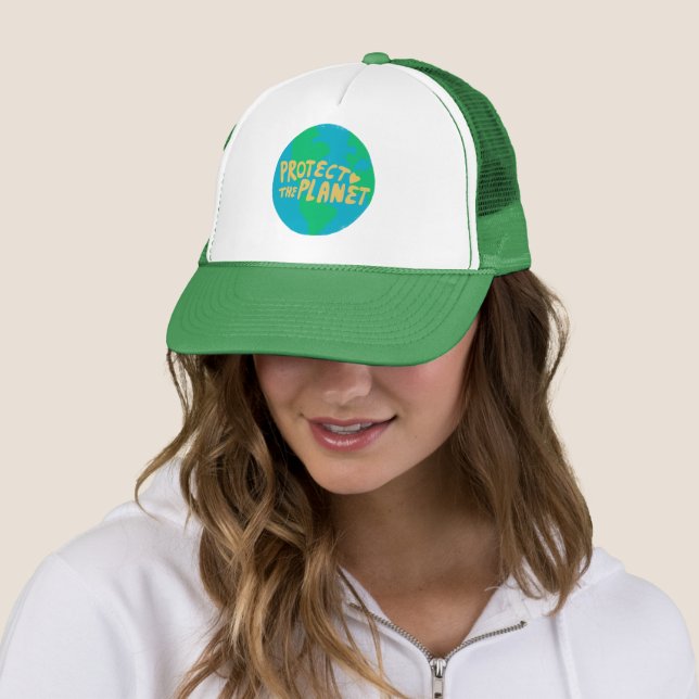 PROTECT THE PLANET SAVE EARTH Eco Green Trucker Hat (In Situ)