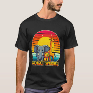 Protect Wildlife Lion Giraffe And Elephant On Retr T-Shirt