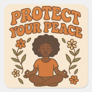 Protect Your Peace – Retro Meditative Woman Art Square Sticker