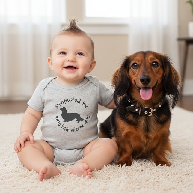 Protected by a Long Hair Wiener Dog Baby Outfit  Bodysuit (Protected by a Long hair wiener dog - funny newborn baby outfit for baby shower gifts   )
