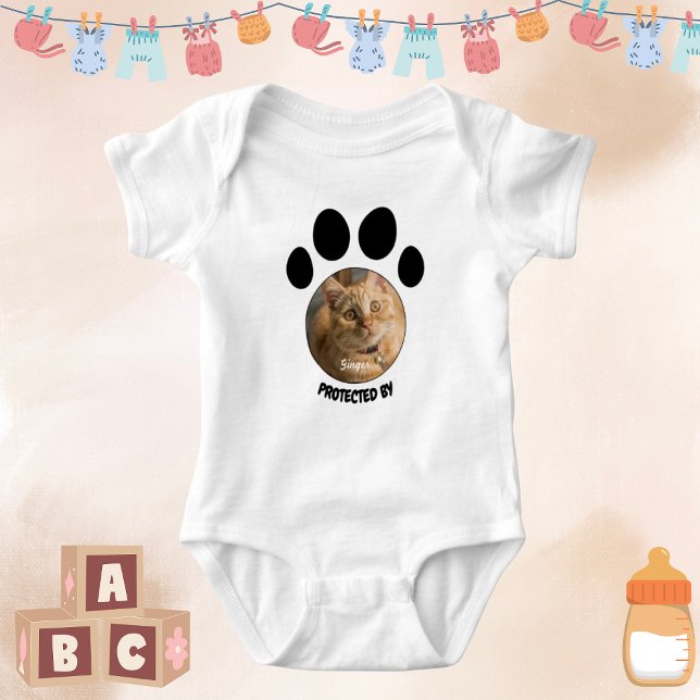 Protected By Cat Gender Neutral Custom Pet Photo Baby Bodysuit (Creator Uploaded)