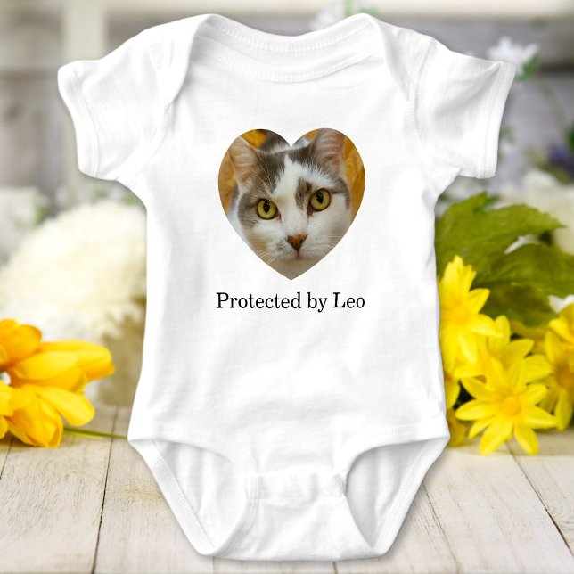 Protected By Cat or Dog Personalised Heart Photo Baby Bodysuit (Creator Uploaded)