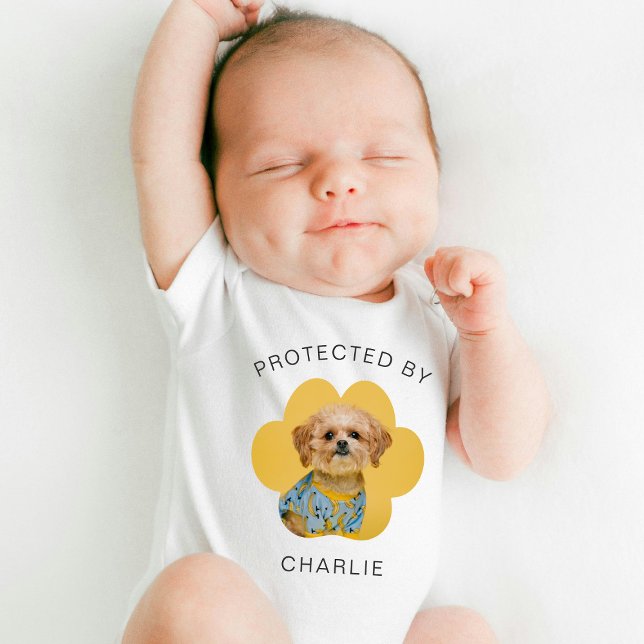 Protected By Dog Cat Pet Photo & Name Baby Bodysuit (Creator Uploaded)
