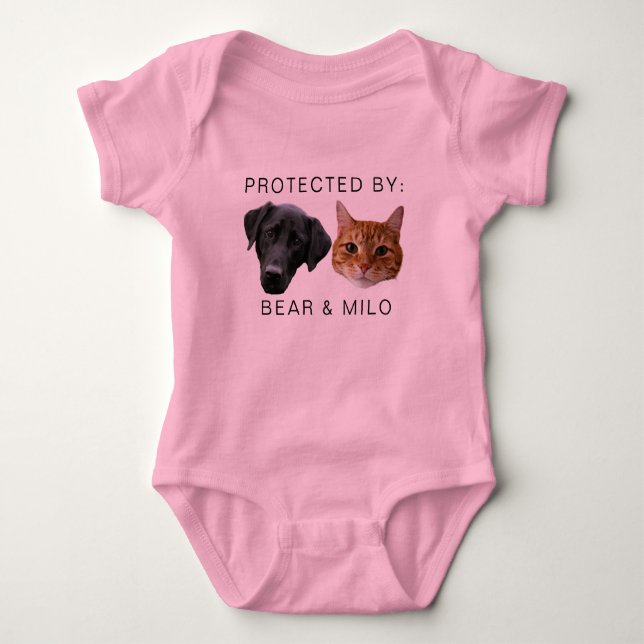 Protected By Dog Custom Dog Cat Name Photo Pink Baby Bodysuit (Front)