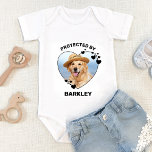 Protected By Dog Cute Custom Heart Pet Photo Baby Bodysuit<br><div class="desc">Protected By, Dog Security ! Let everyone know of your best dog and newly appointed guard dog in the welcoming home of your new baby with this cute dog baby clothes. “Protected By... your dogs name" in a cute heart photo frame. Perfect baby shower gift to a dog mum, this...</div>