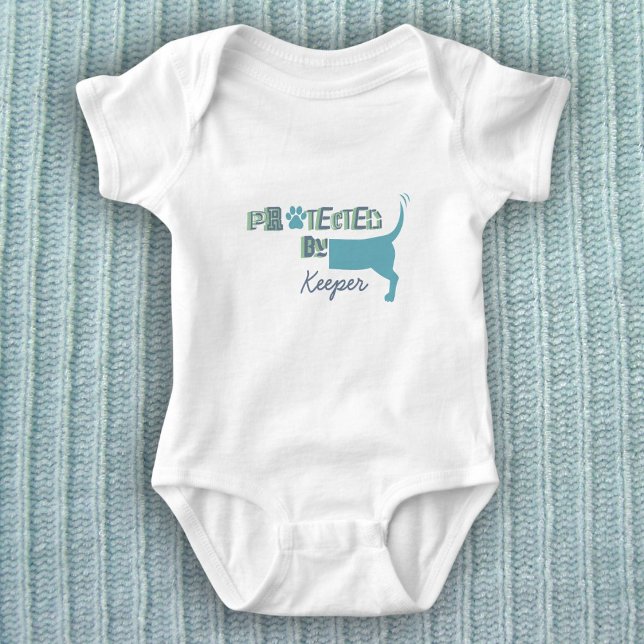Protected By Dog Name Cute Baby Bodysuit ("Protected By" baby bodysuit for your newborn can be customized with your dog's name!)
