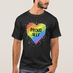 Proud Ally Rainbow Flag Spray Of Hearts Gay Pride  T-Shirt