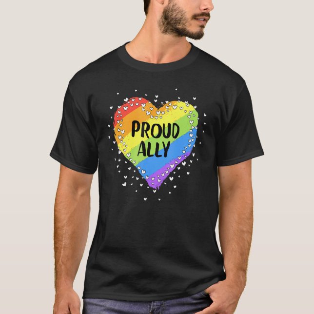 Proud Ally Rainbow Flag Spray Of Hearts Gay Pride  T-Shirt (Front)