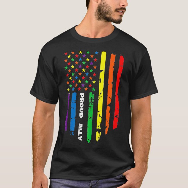 Proud Ally Rainbow Gay American Flag LGBT Pride mo T-Shirt (Front)