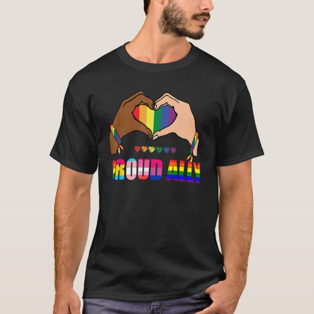 Proud Ally Rainbow Hand Heart Gay Trans Lesbian LG T-Shirt (Front)
