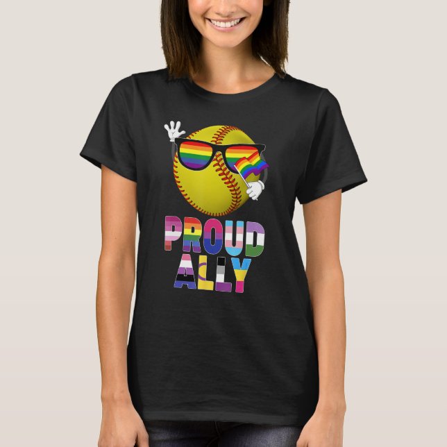 Proud Ally Softball Ball Rainbow Flag Gay Lesbian  T-Shirt (Front)