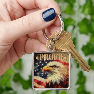Proud American. Bald Eagle and United States Flag  Key Ring