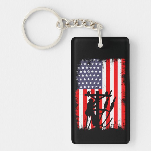 Proud American Lineman Patriotic Utility Worker Key Ring (Front)