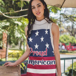 Proud American patriotic USA flag red white blue Apron<br><div class="desc">Patriotic red blue and white apron featuring the caption Proud American in red and blue lettering with white outline,  over a USA flag background.</div>
