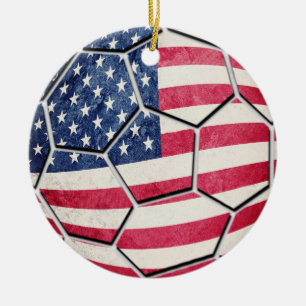 Proud American USA Flag Soccer Ball Ceramic Ornament
