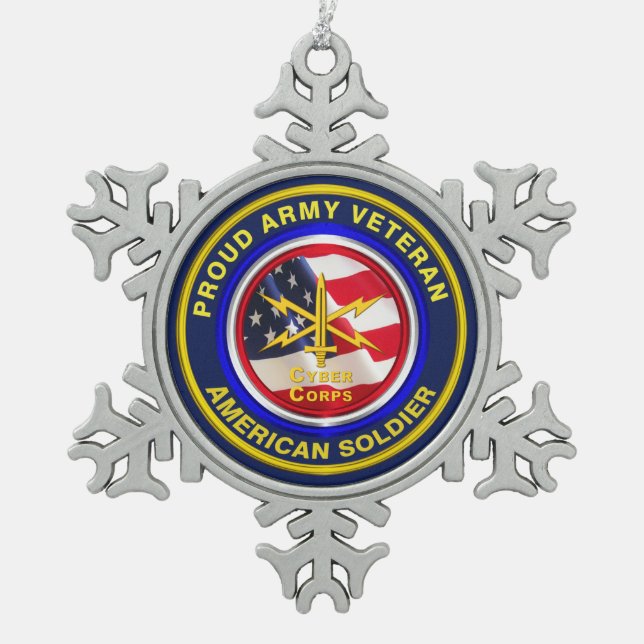 Proud Army Cyber Corps Veteran Keepsake Snowflake Pewter Christmas Ornament (Front)