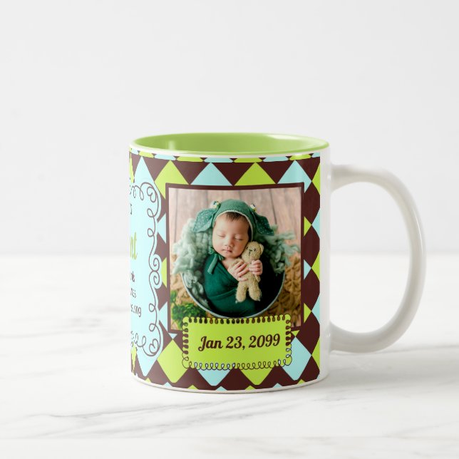 Proud Aunt Green and Brown Arglye Baby Photos Two-Tone Coffee Mug (Right)