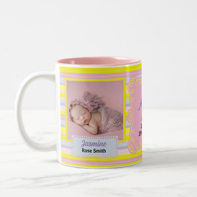 Proud Aunt Pink and Yellow Stripes 2 Photos Two-Tone Coffee Mug (Left)