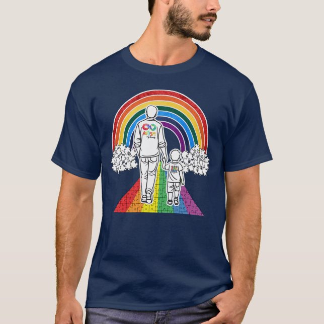 Proud Autism Dad | Walking the Rainbow Puzzle Path T-Shirt (Front)