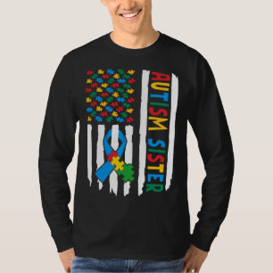 Proud Autism Sister USA Flag Puzzle Piece Autism A T-Shirt
