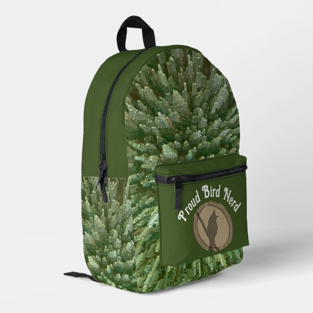 Proud Bird Nerd Silhouette Brown Green Birder Printed Backpack (Back Corner Left)